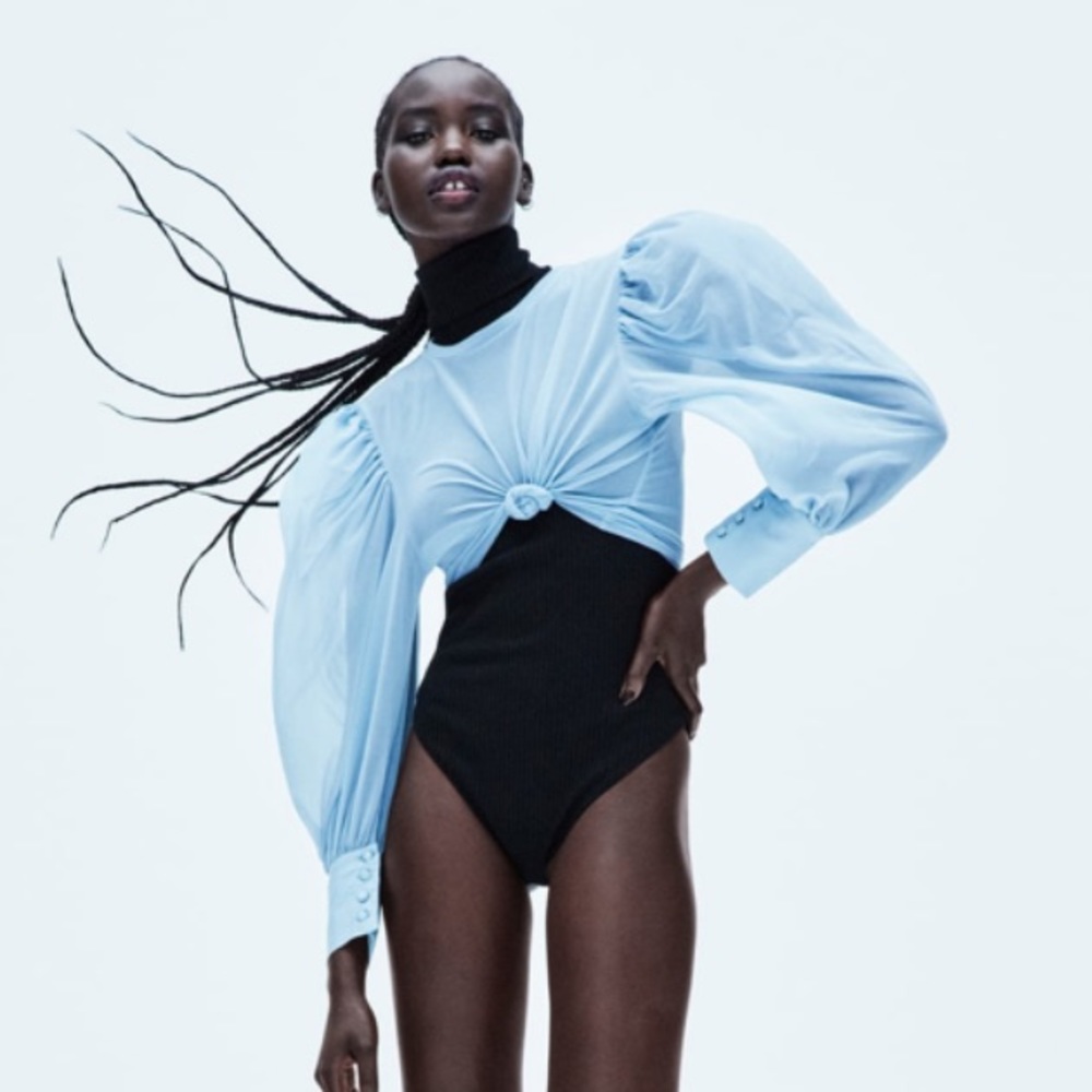 𝗡𝗪𝗧 𝗭𝗮𝗿𝗮 • Tulle Semi-Sheer Top Round Neck Long Sleeve Light Blue S